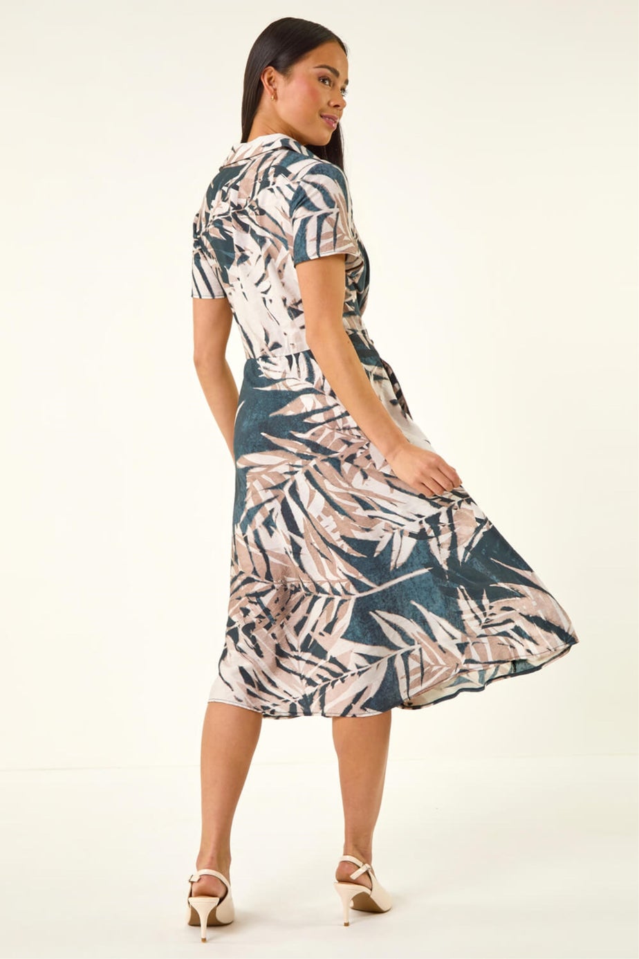 Roman Black Petite Leaf Print Tie Midi Dress