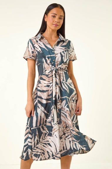 Roman Black Petite Leaf Print Tie Midi Dress