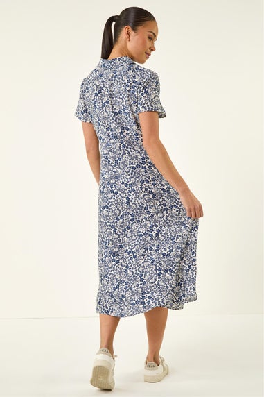 Roman Blue Petite Ditsy Tie Front Midi Dress