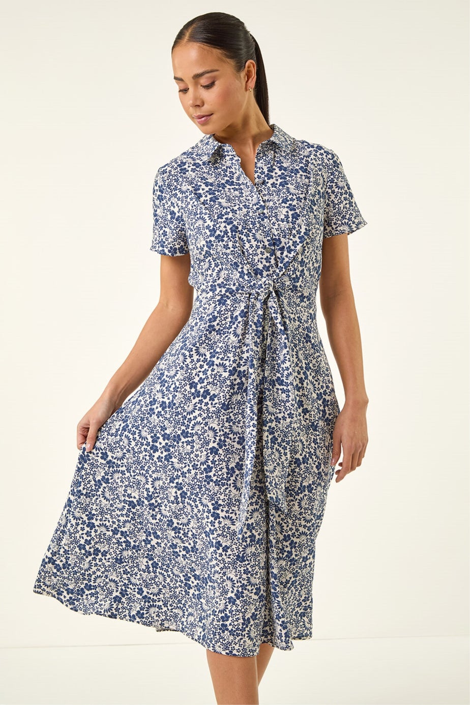 Roman Blue Petite Ditsy Tie Front Midi Dress