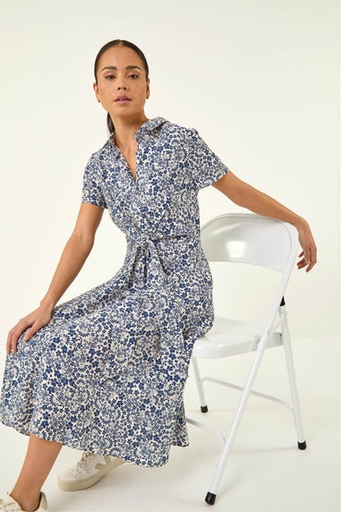 Roman Blue Petite Ditsy Tie Front Midi Dress