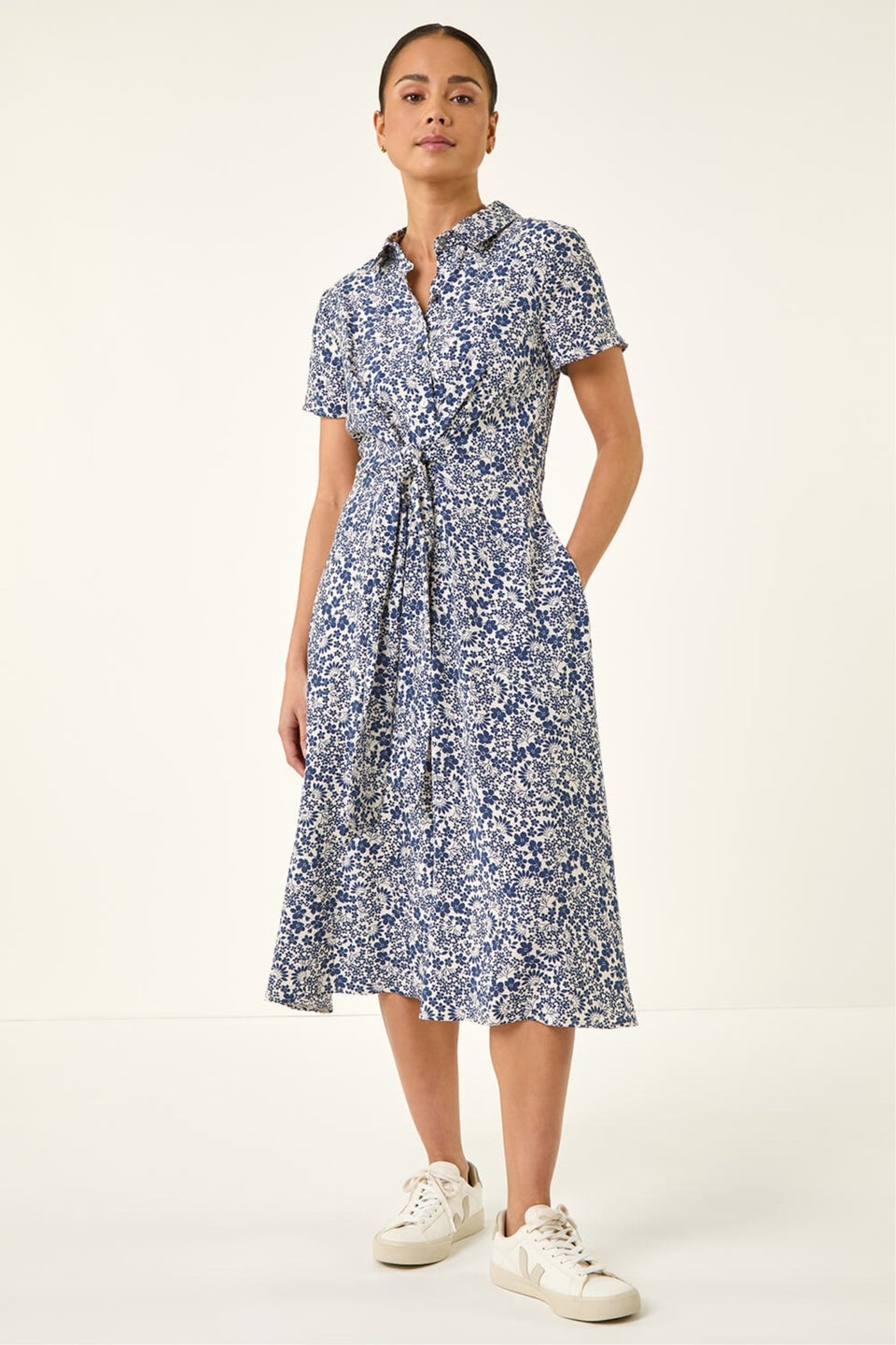 Roman Blue Petite Ditsy Tie Front Midi Dress