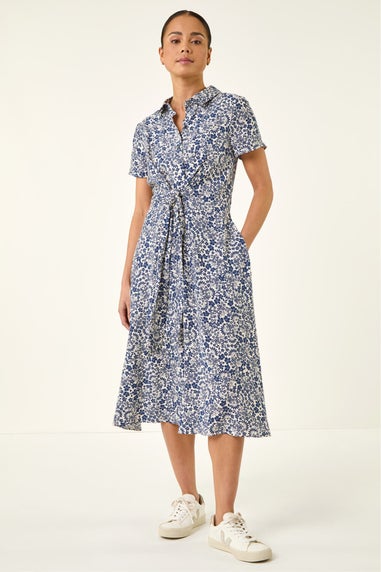 Roman Blue Petite Ditsy Tie Front Midi Dress