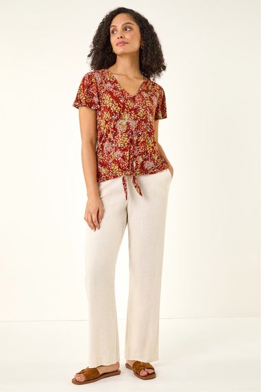 Roman Red Floral Tie Front Stretch Top