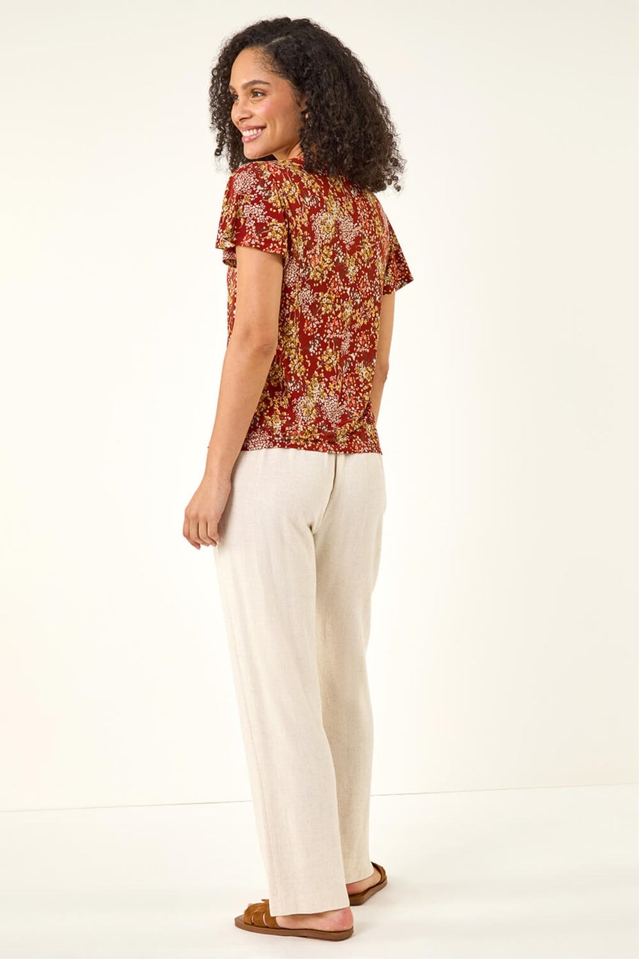 Roman Red Floral Tie Front Stretch Top