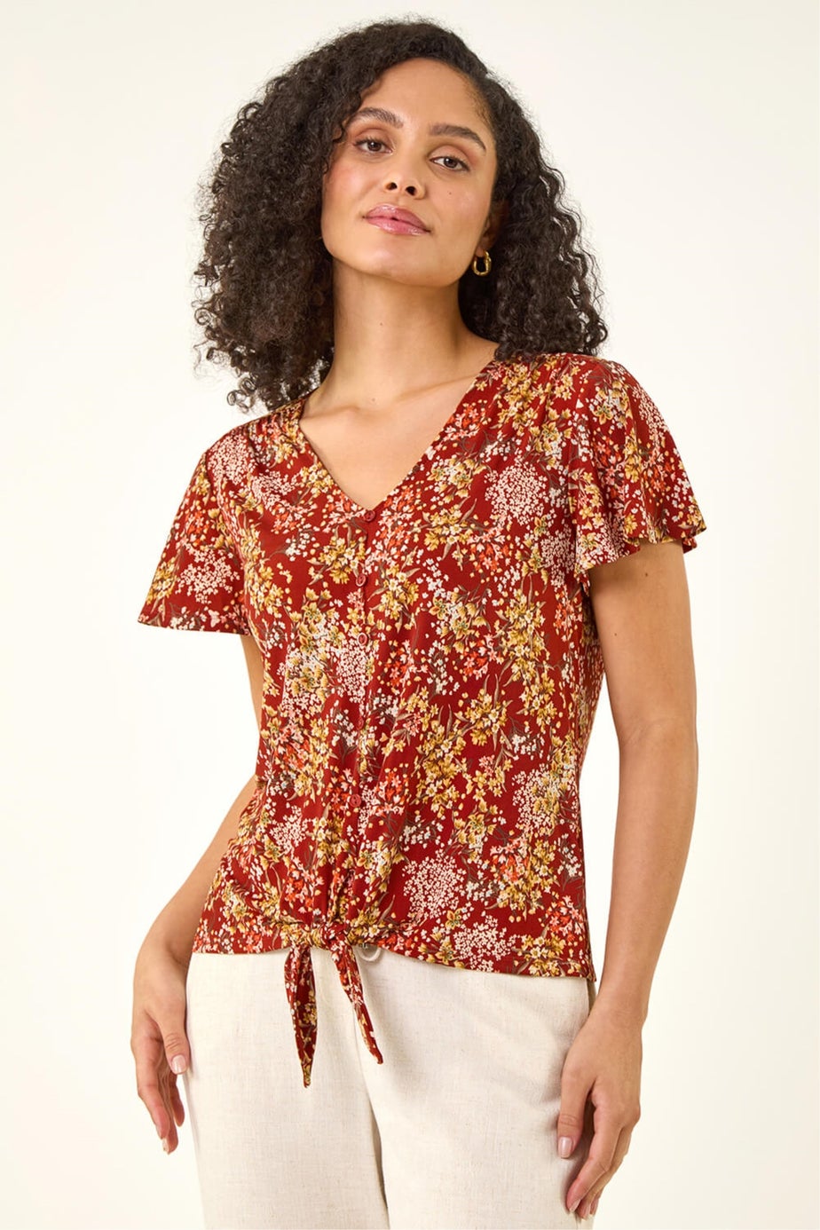 Roman Red Floral Tie Front Stretch Top