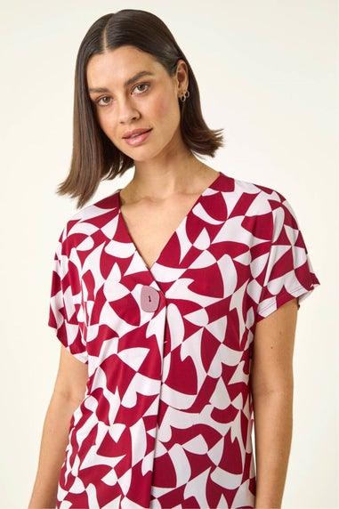 Roman Red Abstract Print V-Neck Stretch Top