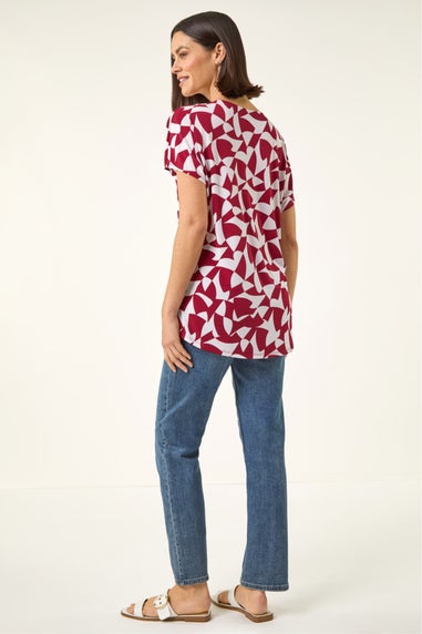 Roman Red Abstract Print V-Neck Stretch Top