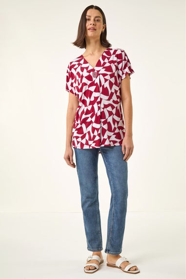 Roman Red Abstract Print V-Neck Stretch Top