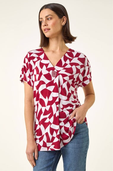 Roman Red Abstract Print V-Neck Stretch Top