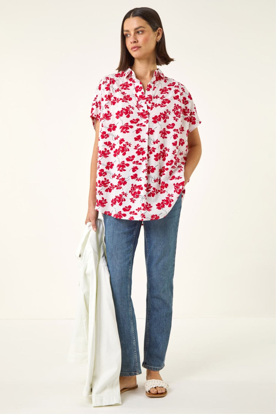 Roman Red Floral Print Pleat Neck Top