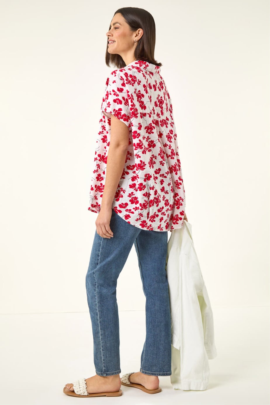 Roman Red Floral Print Pleat Neck Top