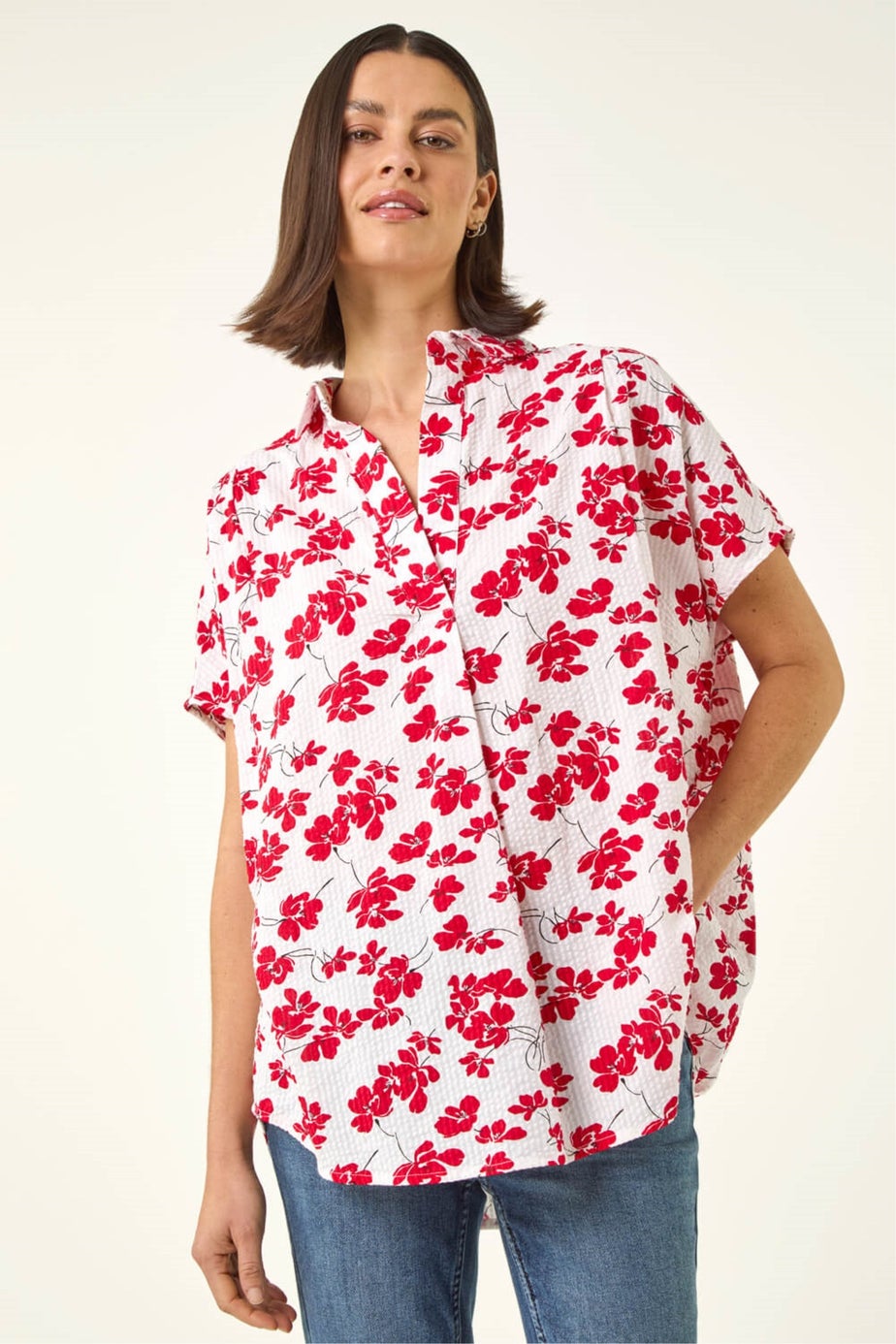 Roman Red Floral Print Pleat Neck Top