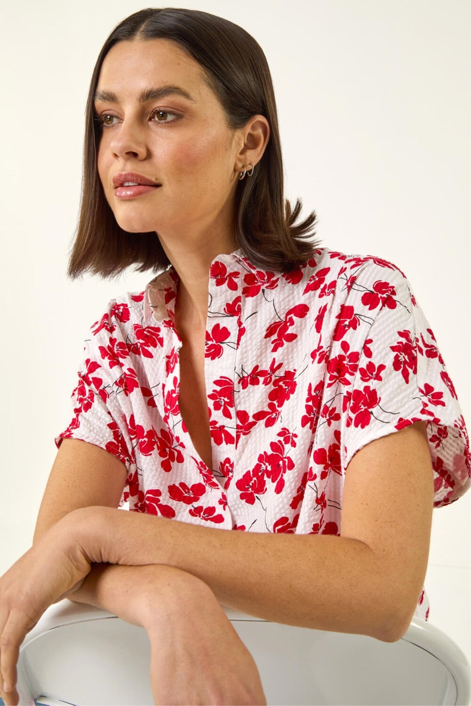 Roman Red Floral Print Pleat Neck Top