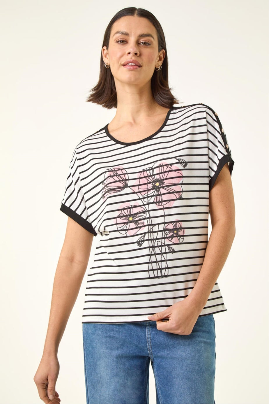 Roman Black Floral Stripe Print T-Shirt