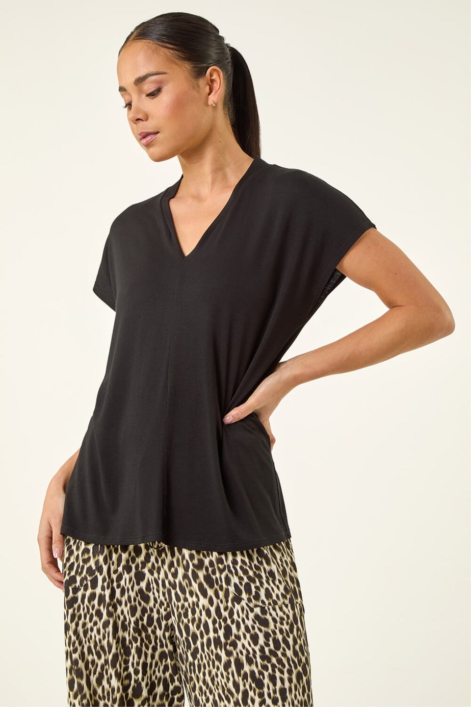Roman Black Petite Cap Sleeve Stretch Top