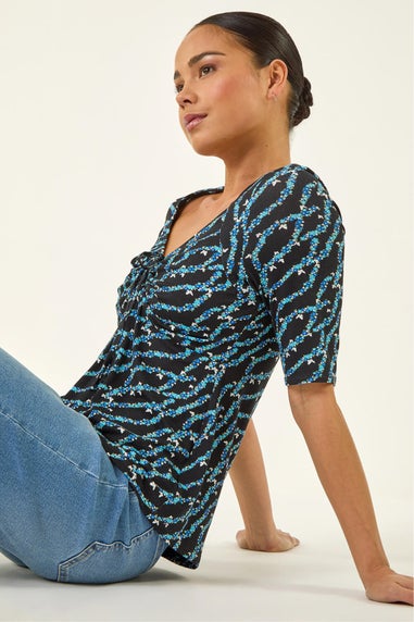 Roman Navy Petite Abstract Print Drawstring Top