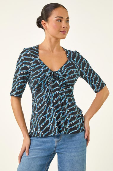 Roman Navy Petite Abstract Print Drawstring Top