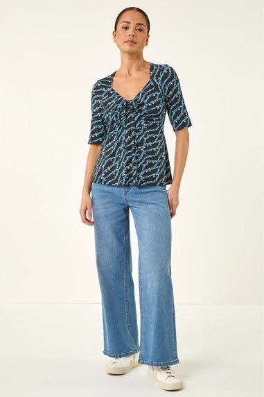 Roman Navy Petite Abstract Print Drawstring Top