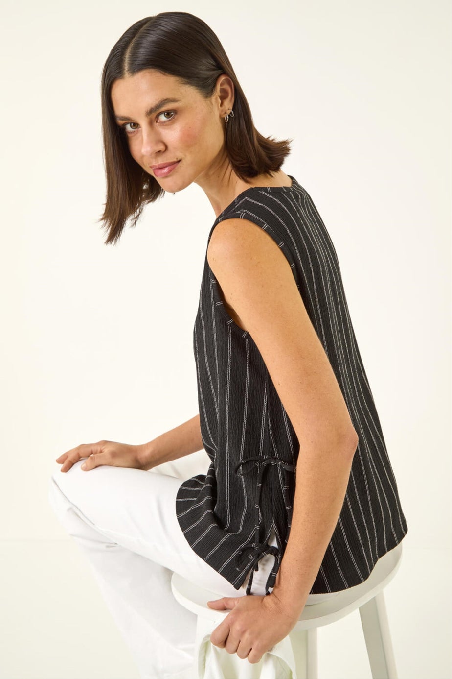 Roman Black Stripe Side Tie Detail Top