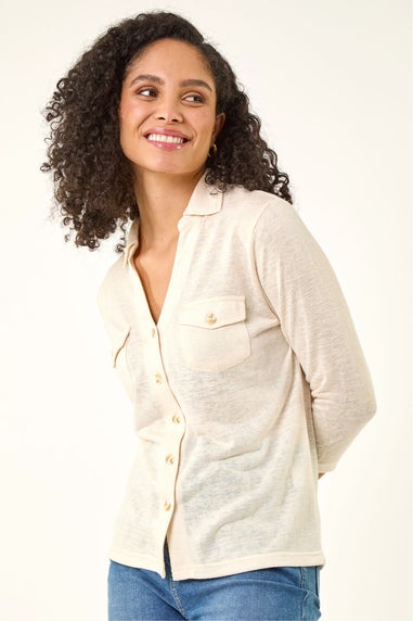 Roman Cream Pocket Front Stretch Blouse