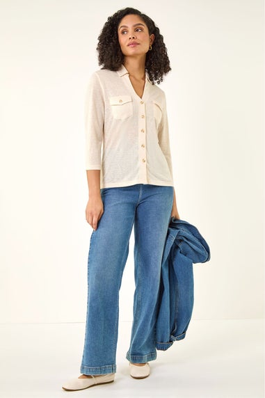 Roman Cream Pocket Front Stretch Blouse