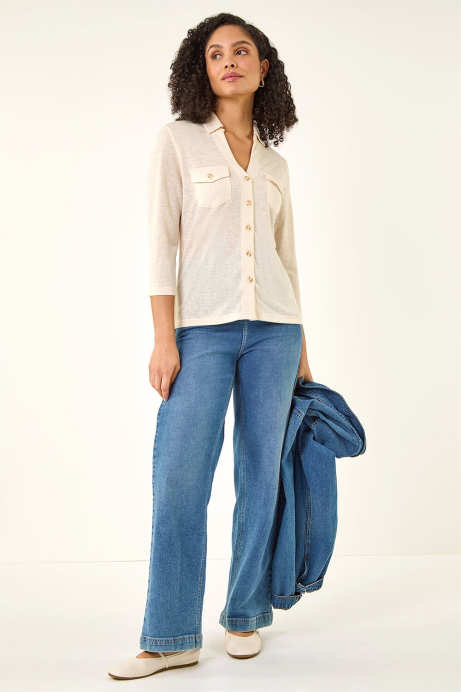 Roman Cream Pocket Front Stretch Blouse