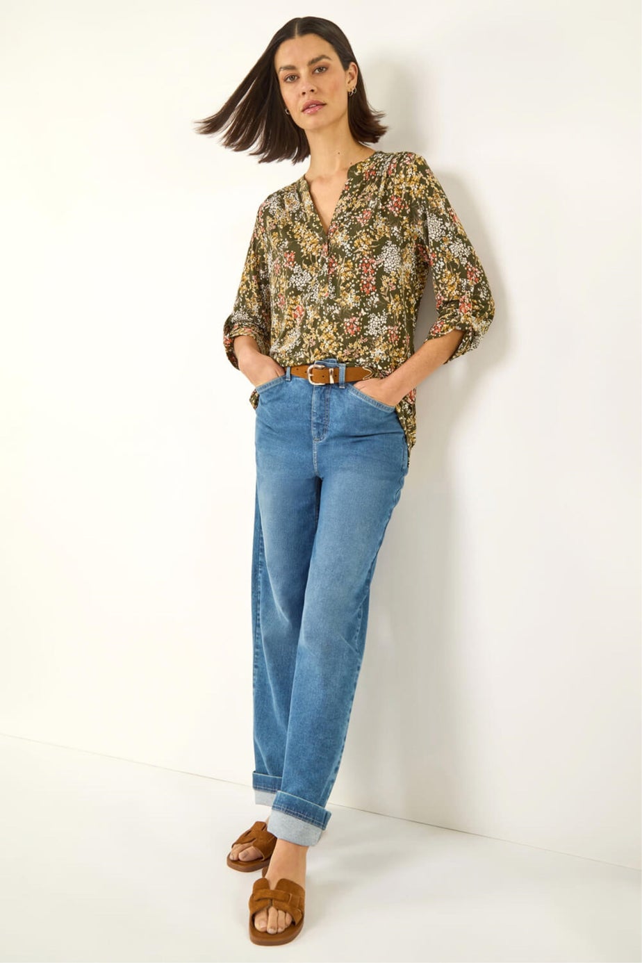 Roman Khaki Floral Print Stretch Shirt