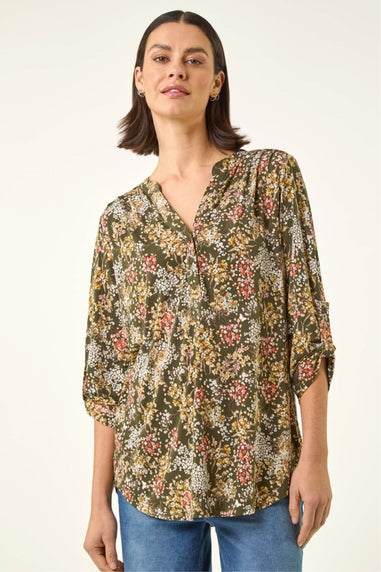 Roman Khaki Floral Print Stretch Shirt