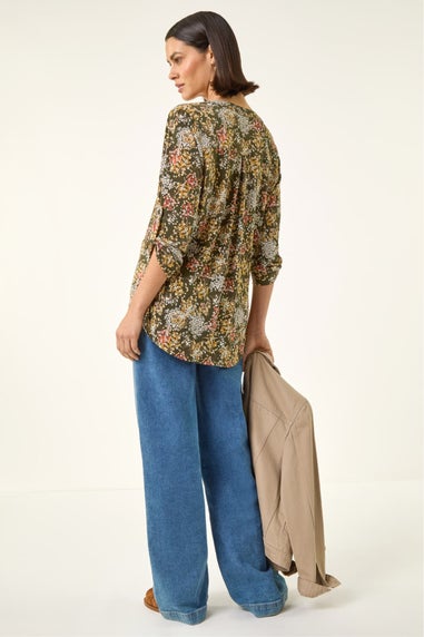 Roman Khaki Floral Print Stretch Shirt