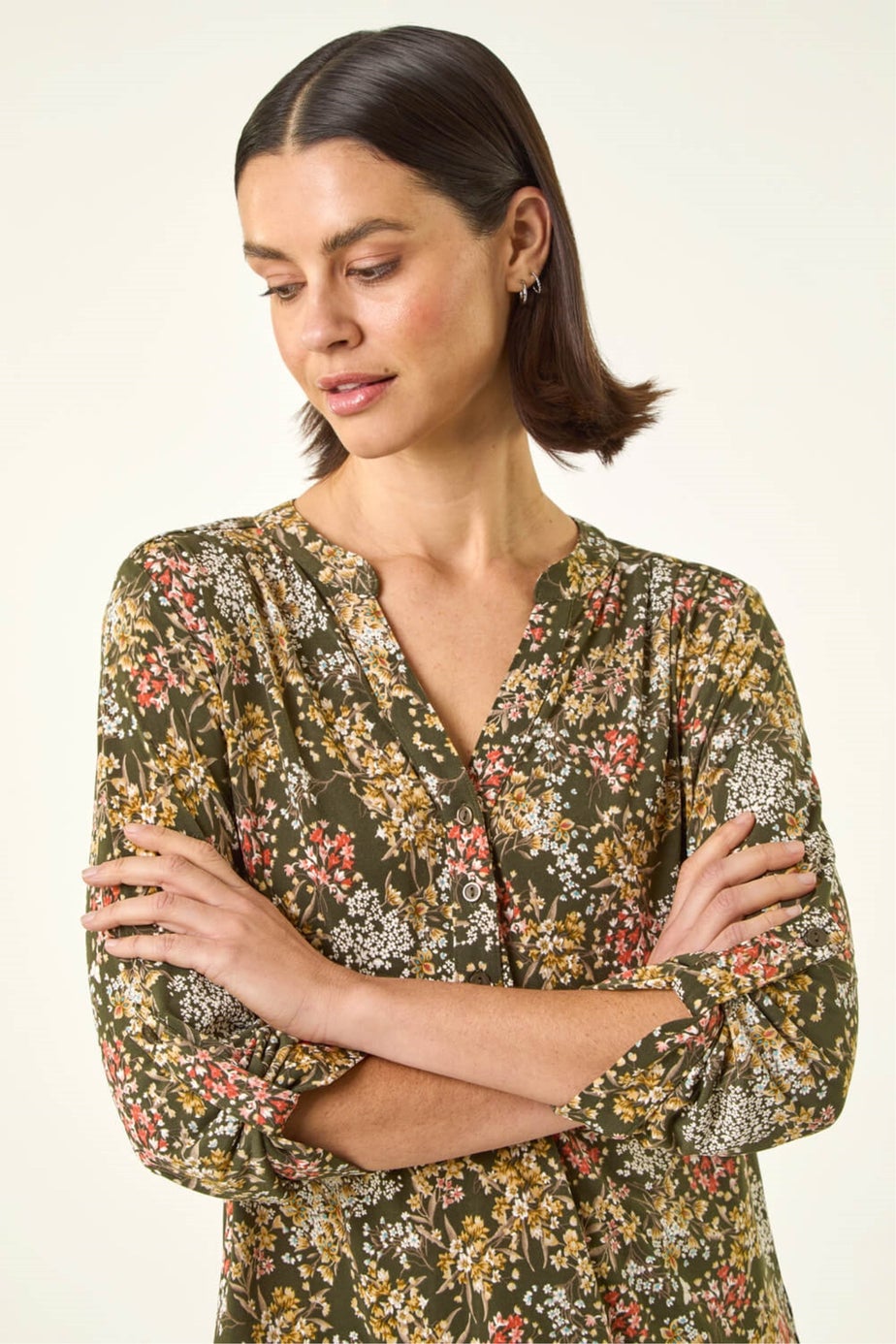 Roman Khaki Floral Print Stretch Shirt