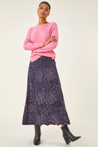 Roman Navy Floral Print Stretch Midi Skirt