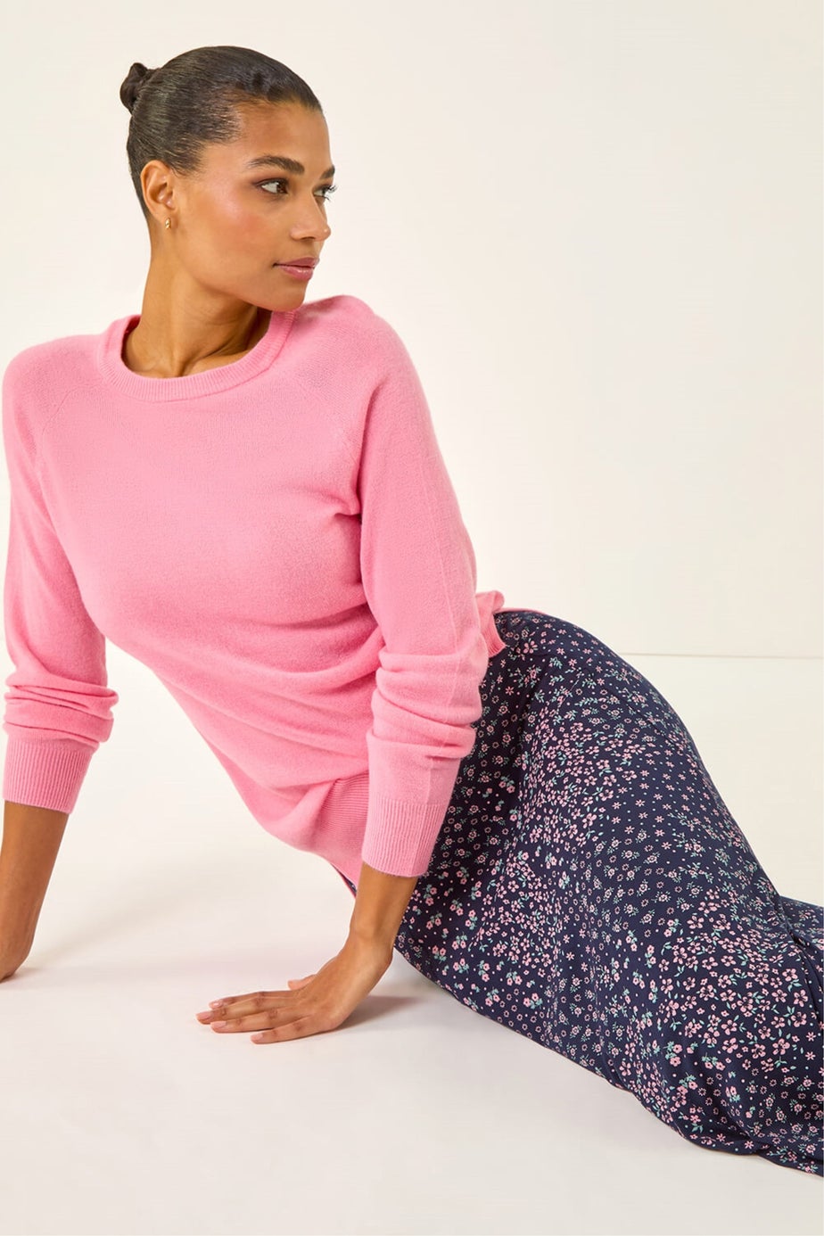 Roman Navy Floral Print Stretch Midi Skirt