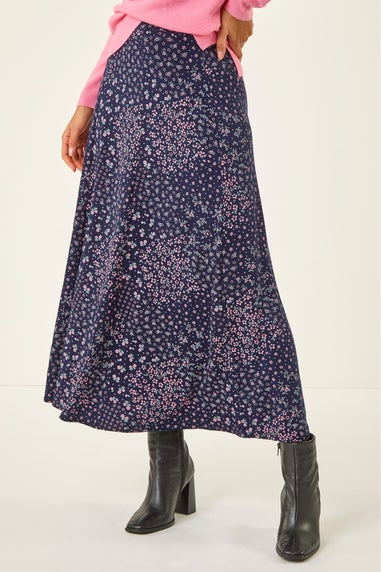 Roman Navy Floral Print Stretch Midi Skirt