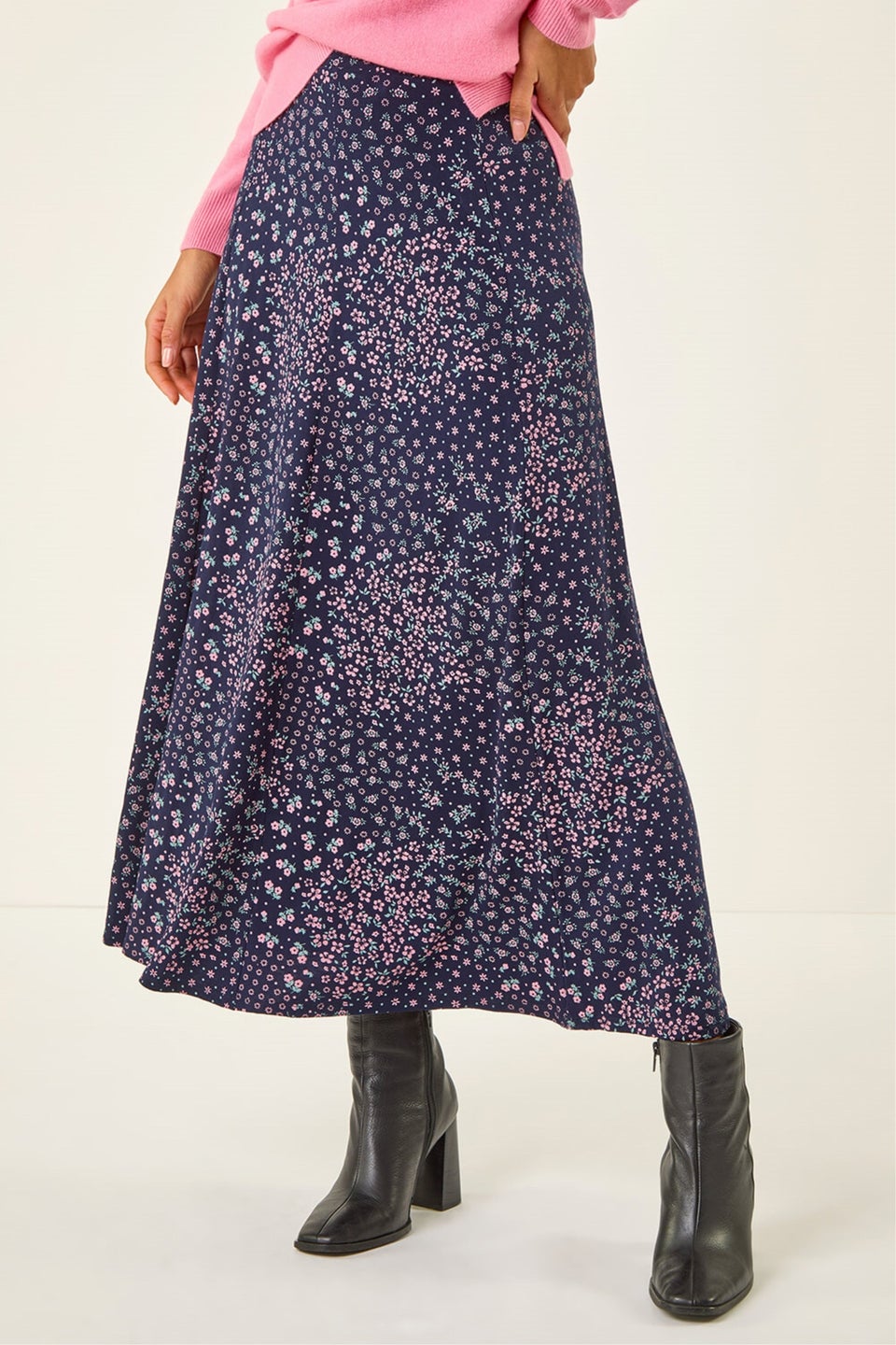 Roman Navy Floral Print Stretch Midi Skirt