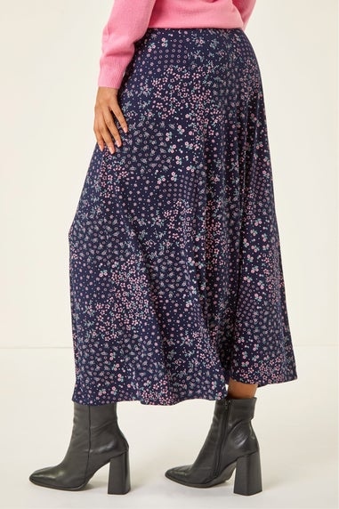 Roman Navy Floral Print Stretch Midi Skirt