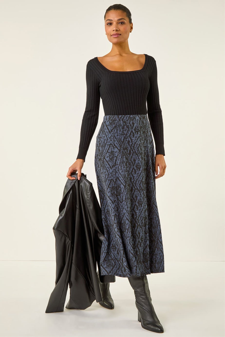 Roman Midnight Blue Abstract Diamond Print Midi Skirt