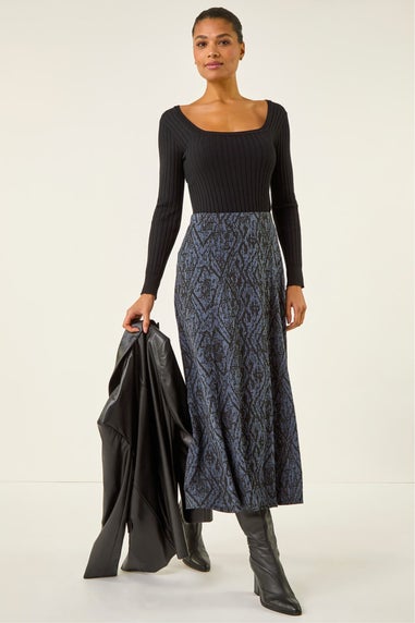 Roman Midnight Blue Abstract Diamond Print Midi Skirt
