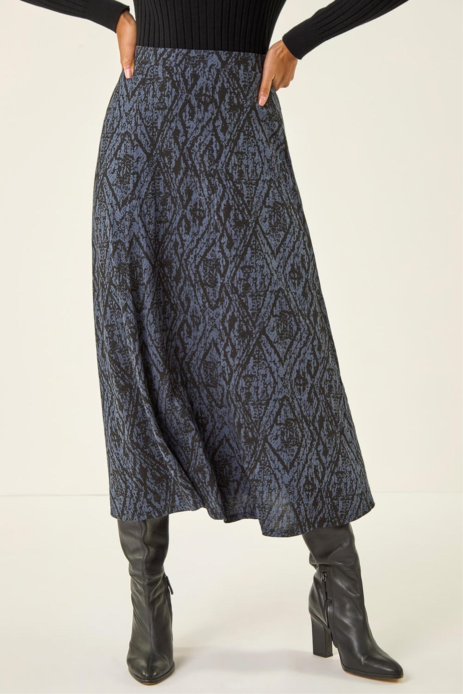 Roman Midnight Blue Abstract Diamond Print Midi Skirt