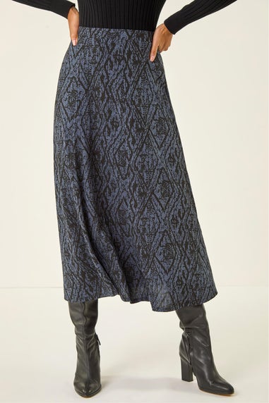 Roman Midnight Blue Abstract Diamond Print Midi Skirt