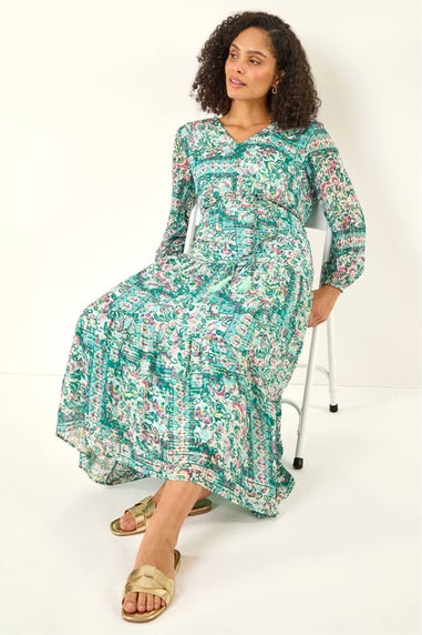 Roman Green Printed Metallic Tie Waist Maxi Dress