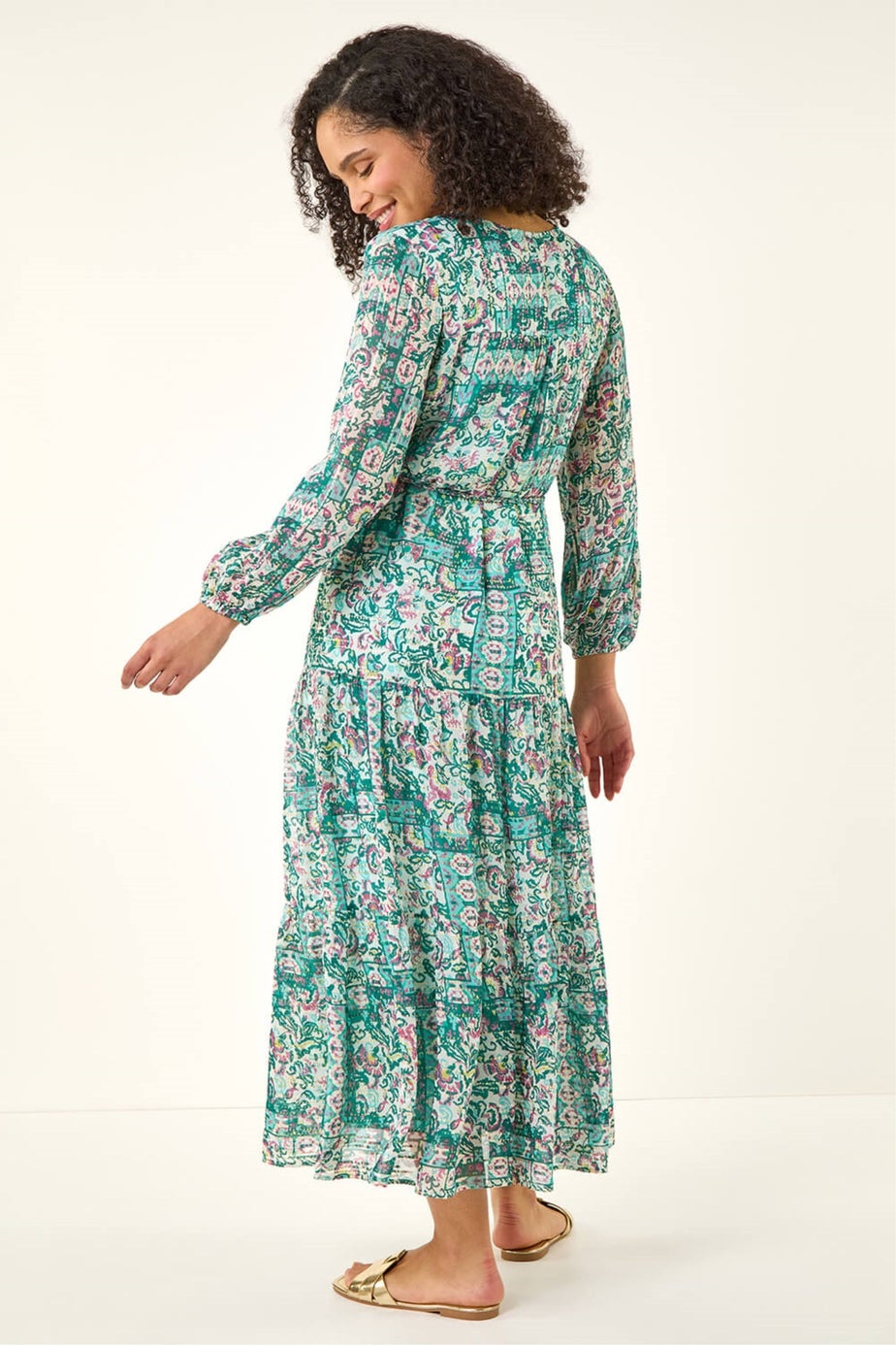 Roman Green Printed Metallic Tie Waist Maxi Dress