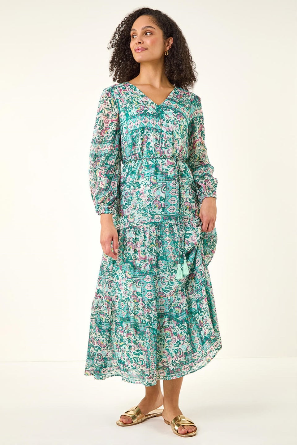 Roman Green Printed Metallic Tie Waist Maxi Dress