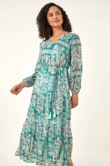Roman Green Printed Metallic Tie Waist Maxi Dress
