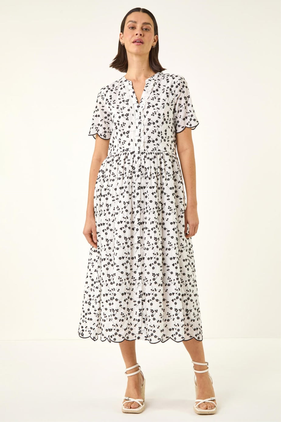 Roman White Floral Embroidered Button Midi Dress