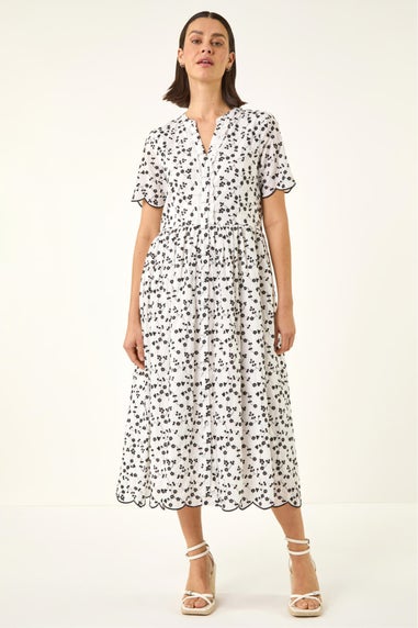Roman White Floral Embroidered Button Midi Dress