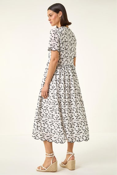 Roman White Floral Embroidered Button Midi Dress