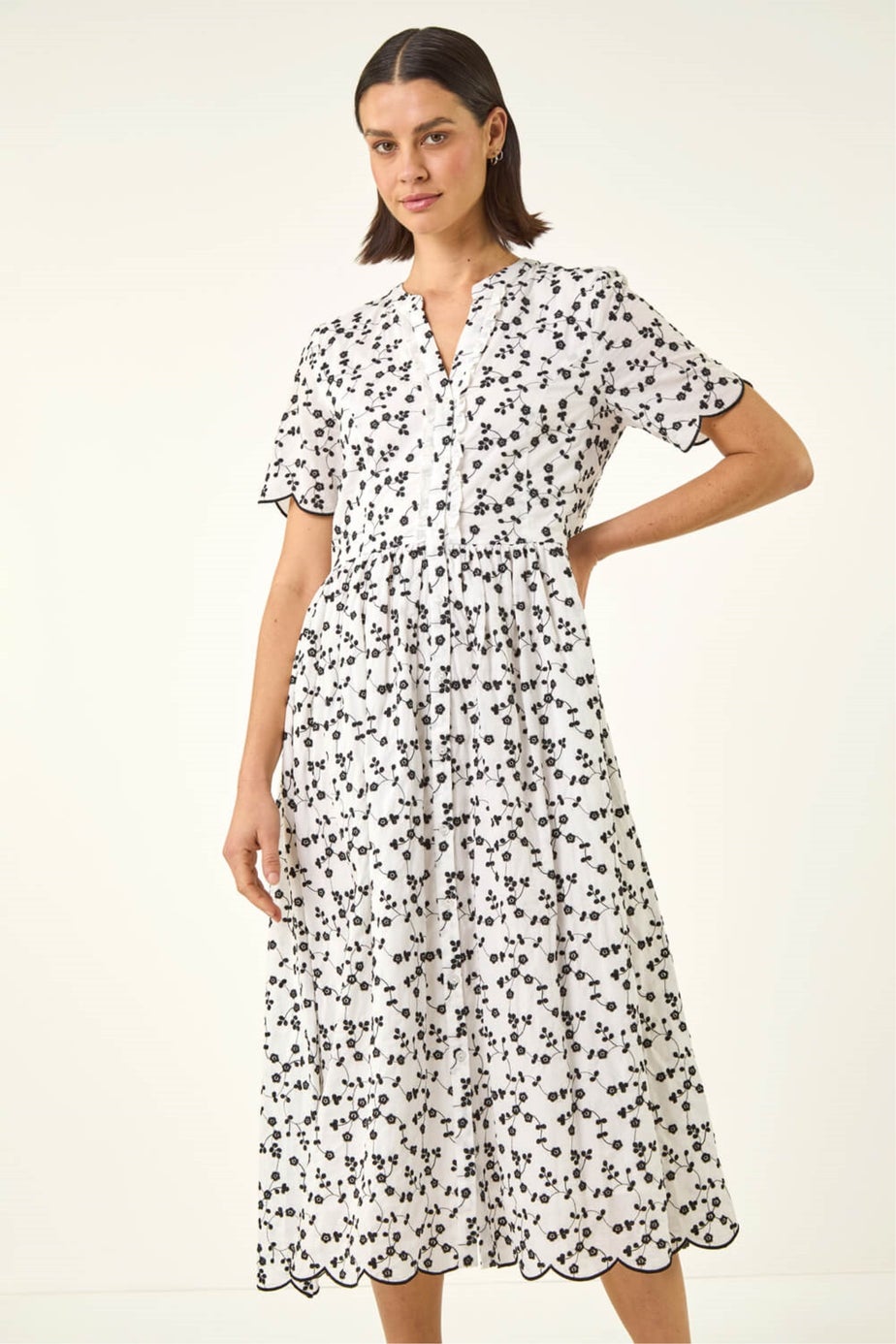 Roman White Floral Embroidered Button Midi Dress