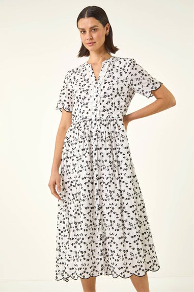 Roman White Floral Embroidered Button Midi Dress