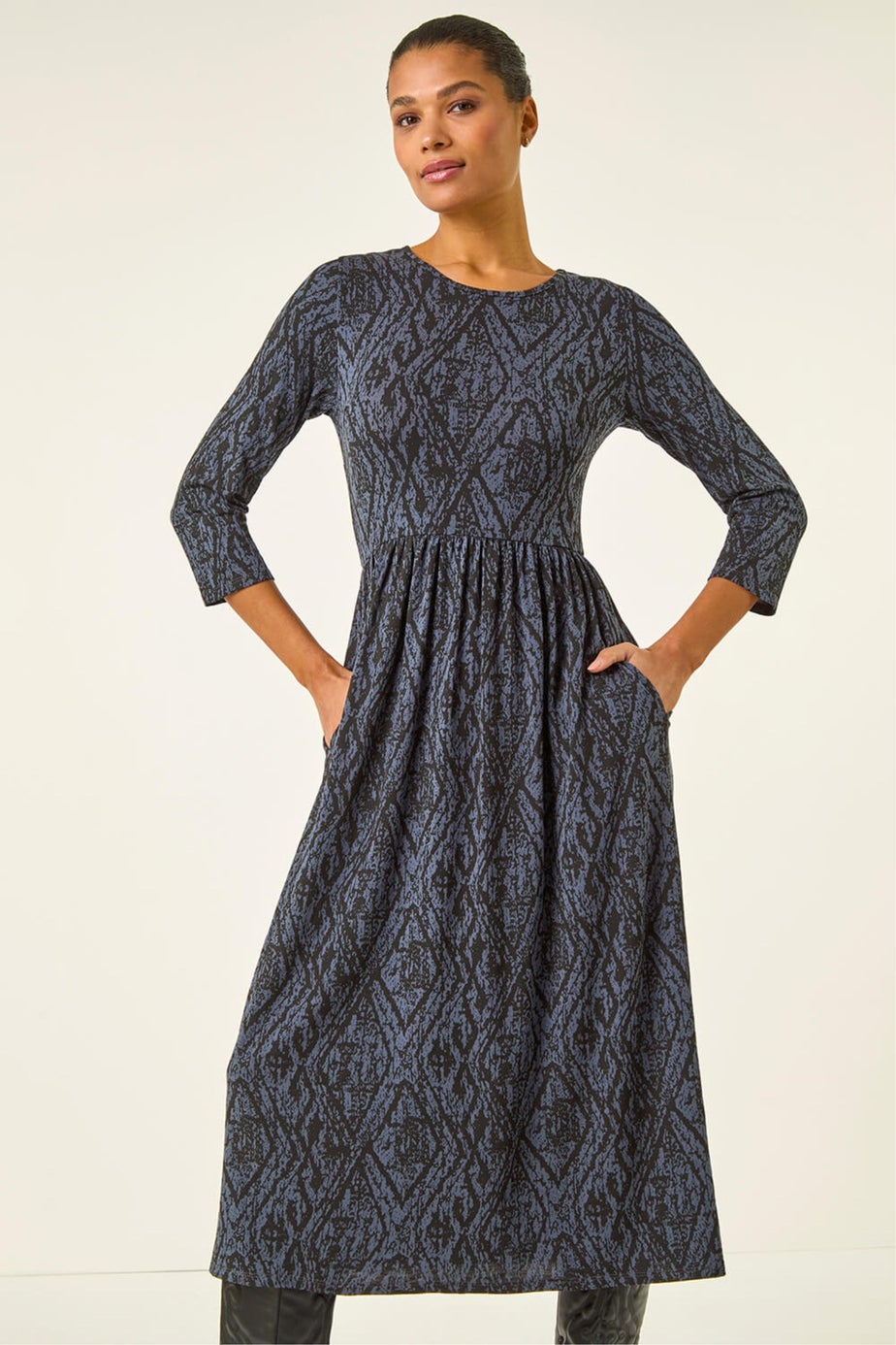 Roman Grey Abstract Print Midi Dress